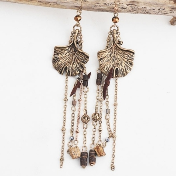 Gingko Leaf Dangle Earrings Jasper Stone - Picture 2 of 5